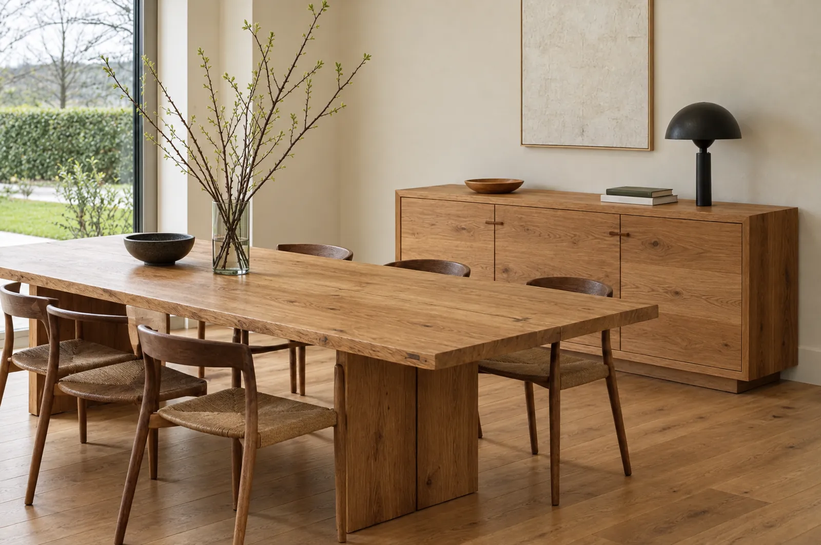 Esszimmer mit massivem Eichentisch, Stühlen mit Papiergeflecht und passendem Sideboard aus Eiche